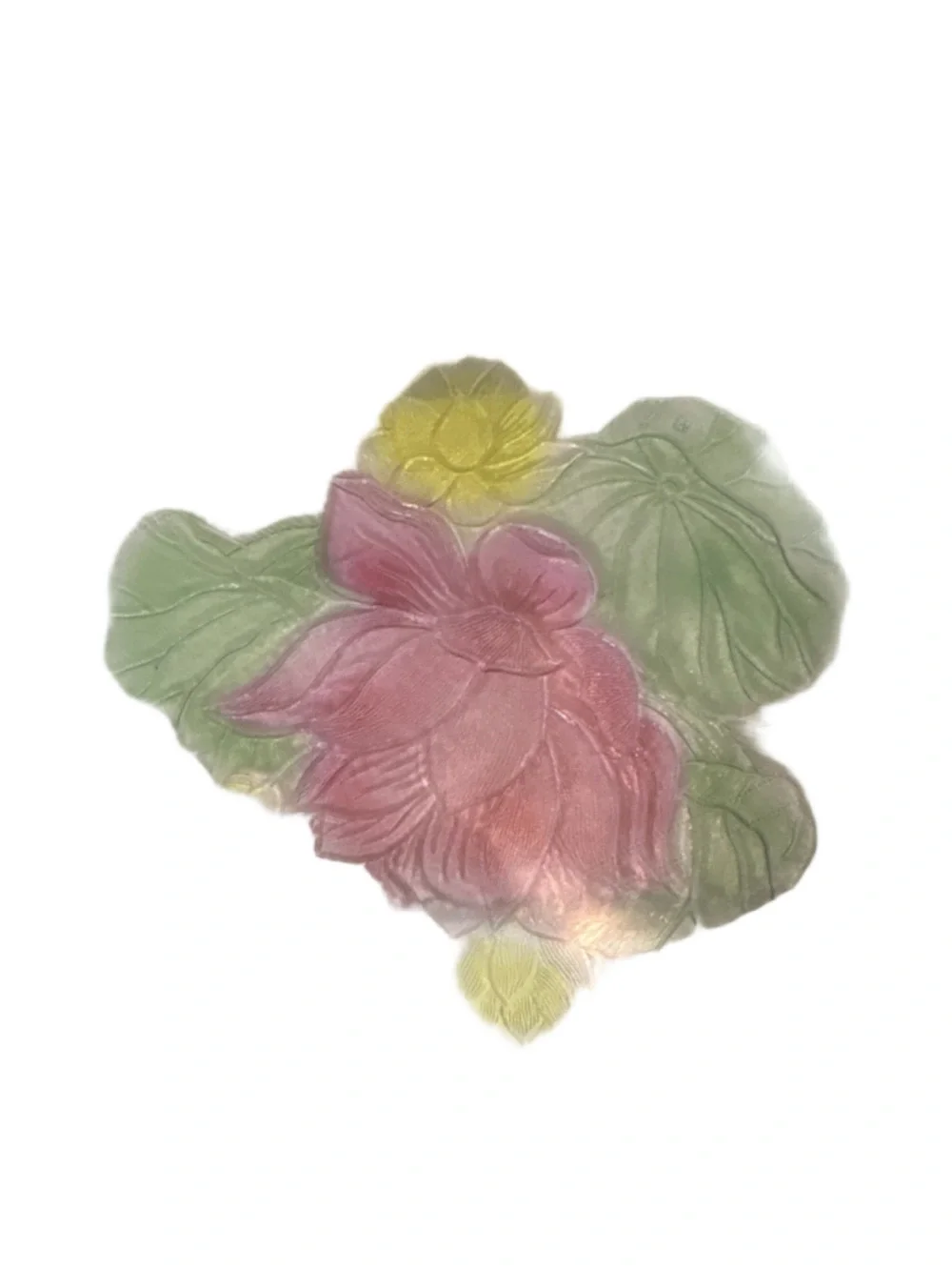 Clear Pink Green Yellow pressed Glass Round platter with Floral Pattern.